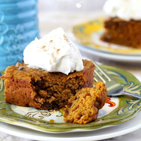 This simple Chocolate Chip Pumpkin Cake is studded with sweet chocolate chips and infused with lovely Fall flavors- a MUST make this season!