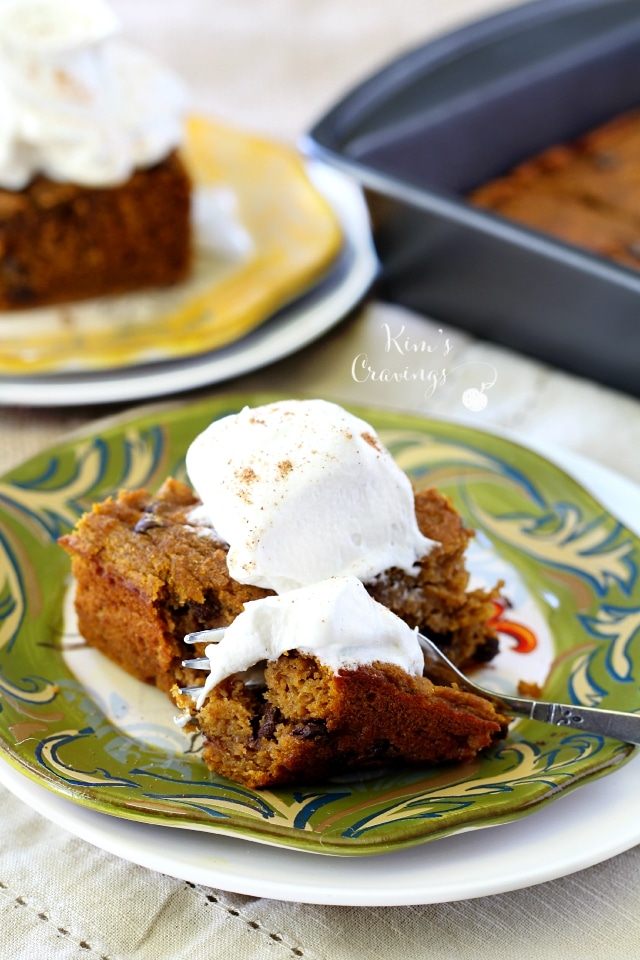 This simple Chocolate Chip Pumpkin Cake is studded with sweet chocolate chips and infused with lovely Fall flavors- a MUST make this season!