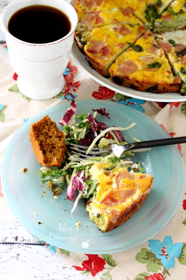 This Broccoli and Ham Frittata is incredibly tasty and so easy to throw together. Perfect for serving during the holidays or for a crowd pleasing  option for busy weeknights. (nondairy, gluten-free, Paleo)