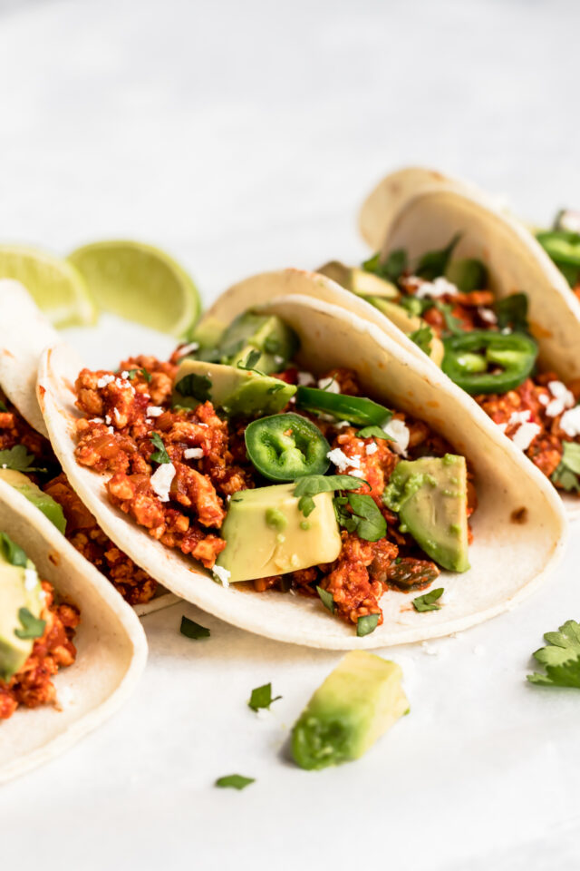 healthy soft tacos with avocado, jalapeño and cilantro