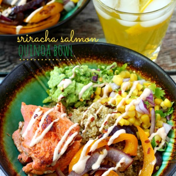 The Sriracha Salmon Quinoa Bowl is a fun twist on the burrito bowl. A flavorful blend of old favorites joined with new deliciousness! (gluten-free)