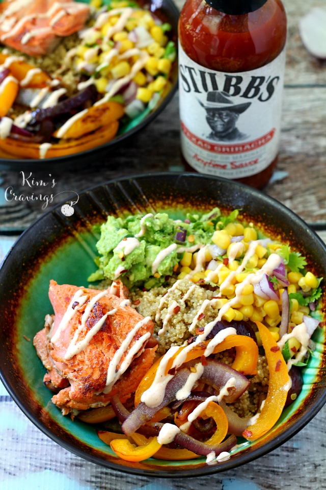 The Sriracha Salmon Quinoa Bowl is a fun twist on the burrito bowl. A flavorful blend of old favorites joined with new deliciousness! (gluten-free)
