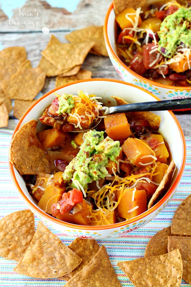 Vegan Butternut Squash Chili- savory, fresh, slightly spicy chili takes a cozy cue from fall with a Southwestern twist you're sure to love. This satisfying chili is packed with so much flavor and texture, carnivores and herbivores will be all over this one.