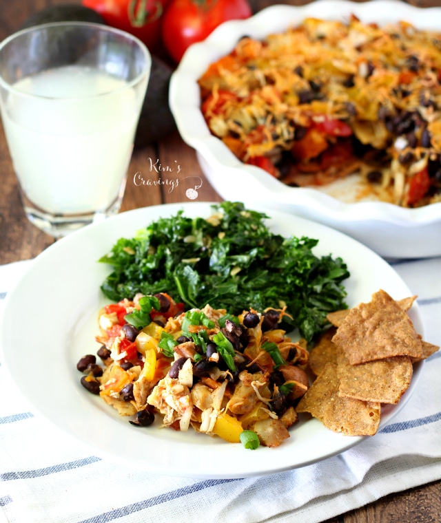 A comforting sweet potato black bean tortilla pie layered with deliciousness and added chicken for extra protein comes together quick and easy! (gluten-free and dairy-free with vegan options)