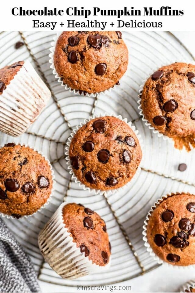 Chocolate Chip Pumpkin Muffins on wire cooling rack
