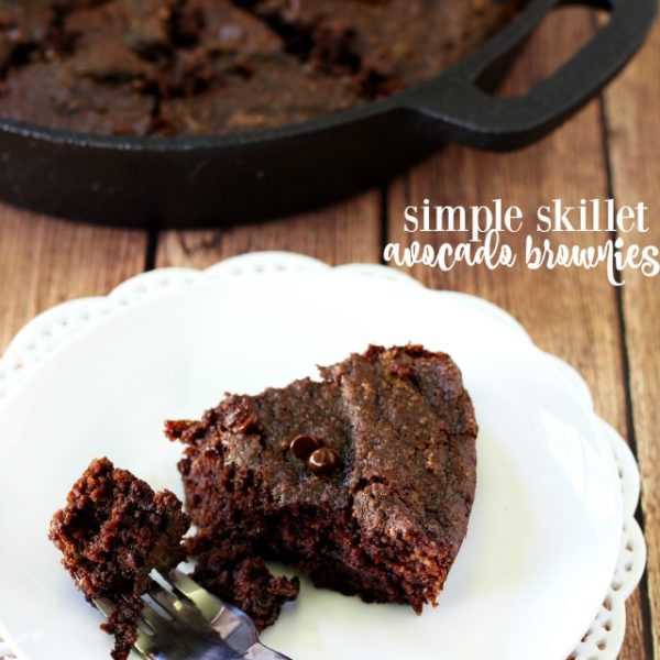 Ooey, gooey, irresistible simple skillet avocado brownies baked up in an iron skillet for extra deliciousness! (paleo, grain-free and dairy-free)