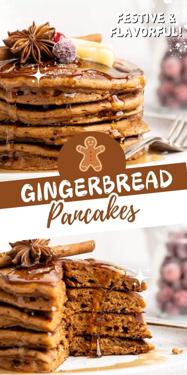 Gingerbread pancakes served with syrup and topped with a cinnamon stick and butter.