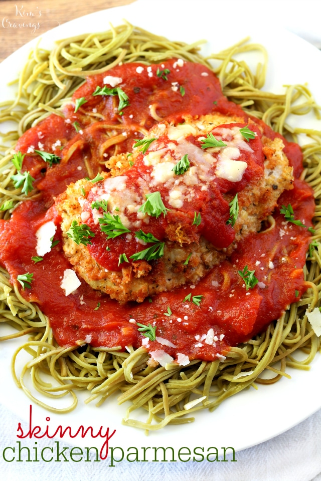Quick and easy Chicken Parmesan is a classic Italian favorite made healthier in this recipe by baking instead of frying. Don't worry, though, my Skinny Chicken Parmesan is still as tasty, crispy and family-friendly as the original! #glutenfree
