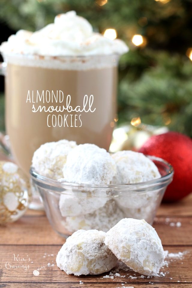 Almond Snowball Cookies served in a glass bowl with a coffee drink