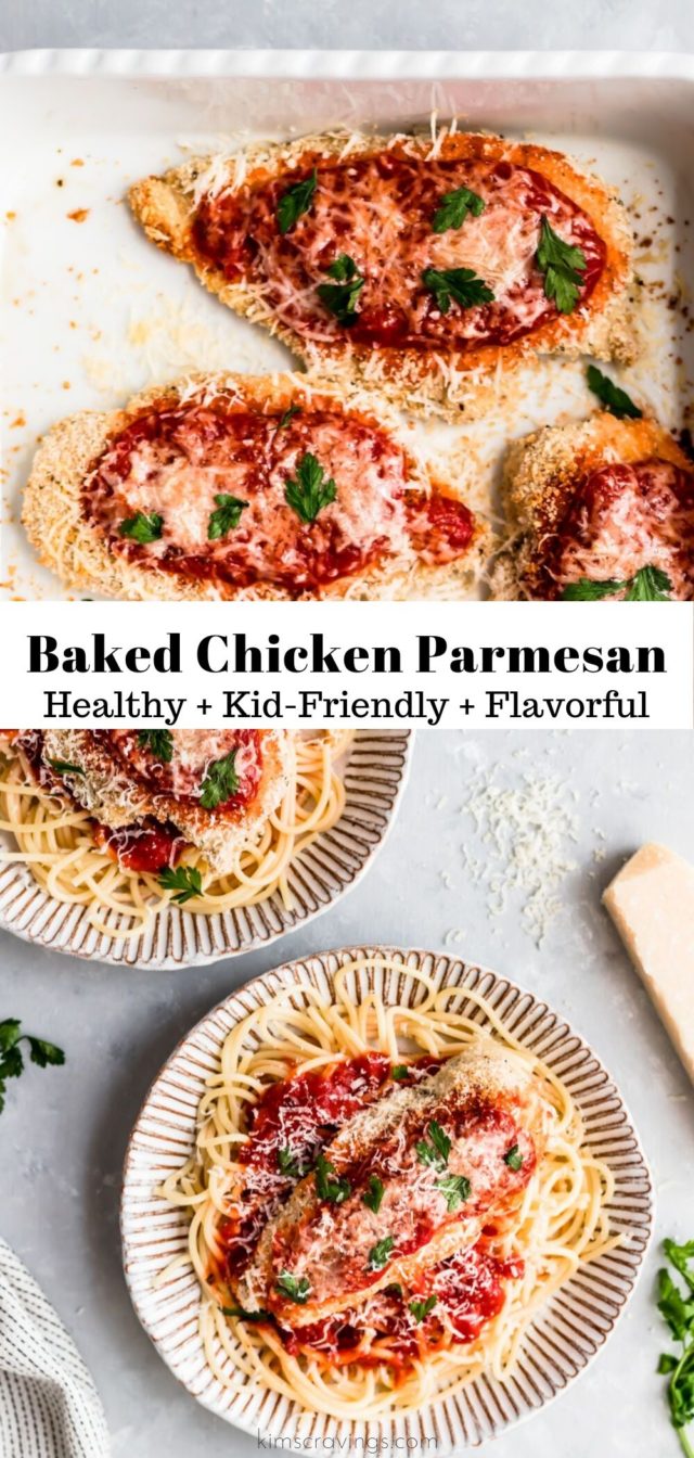 easy baked chicken parmesan served over spaghetti