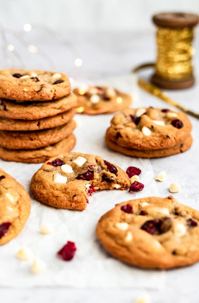 Kris Kringle Christmas Cookies with white chocolate chips and cranberries