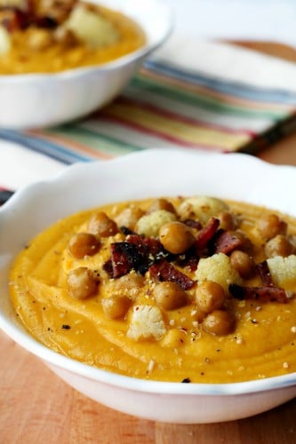 Roasted Cauliflower Sweet Potato Soup has a lovely depth, is slightly sweet from the sweet potatoes and lusciously creamy from the roasted cauliflower. The perfect light lunch or dinner that accommodates any special diet; vegan, gluten-free and allergy-friendly!