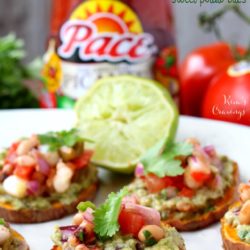 Sweet Potato Bites topped with my favorite guacamole and a spoonful of cowboy caviar- oh my goodness, you guys are going to absolutely love this fun and festive appetizer!