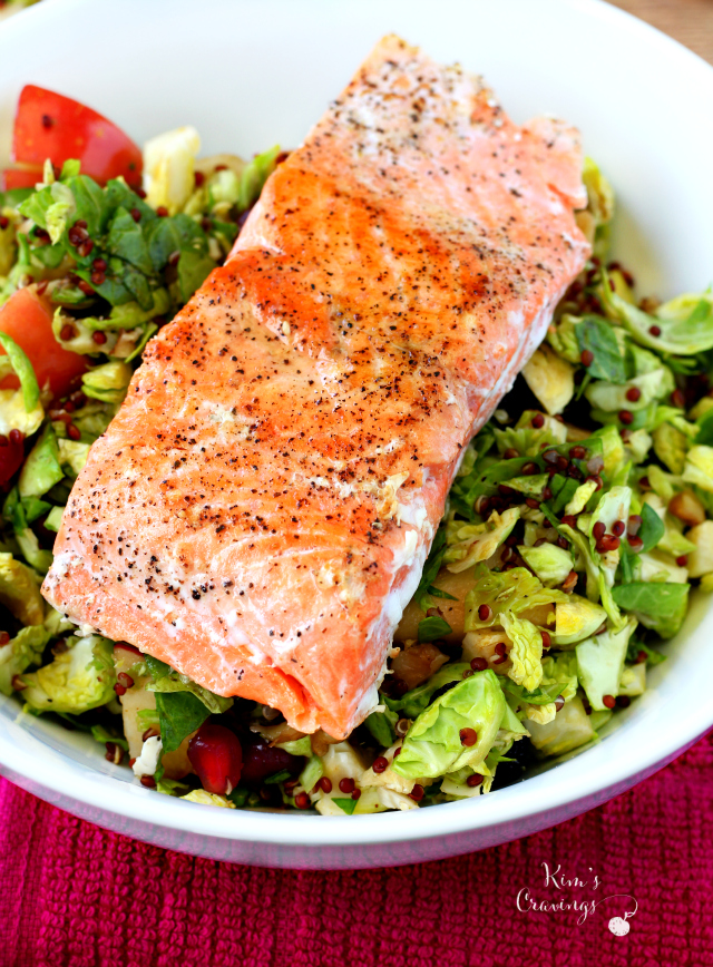 Shredded brussels sprouts salad mixed with a lovely maple balsamic vinaigrette and topped with pan-seared salmon- crispy, crunchy and bursting with fresh sweet and savory flavors.
