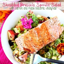 Shredded brussels sprouts salad mixed with a lovely maple balsamic vinaigrette and topped with pan-seared salmon- crispy, crunchy and bursting with fresh sweet and savory flavors.