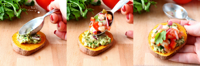 Sweet Potato Bites topped with my favorite guacamole and a spoonful of cowboy caviar- oh my goodness, you guys are going to absolutely love this fun and festive appetizer!