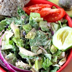 Chipotle Chicken Taco Salad- all the flavors of a taco made healthier and super flavorful with a creamy, slightly spicy Greek yogurt dressing!