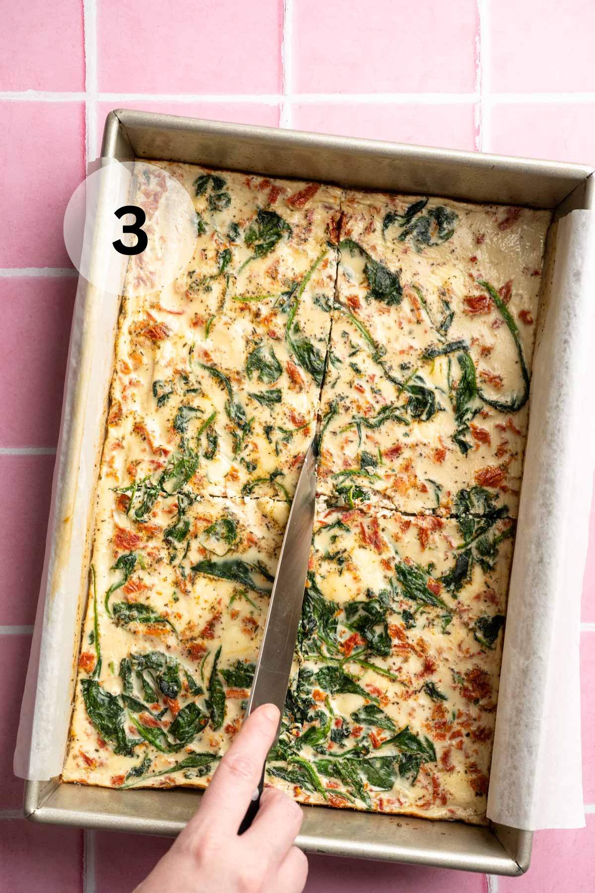 Slicing baked egg whites into squares.