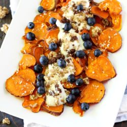 Serving up crispy Breakfast Sweet Potato Nachos with Van's Soft-Baked Granola- a fun, delicious, nutritious way to start your day! (gluten-free)
