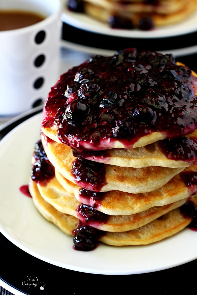 Gluten free goodness meets beautifully fluffy, golden brown, scrumptious pancakes with double berry chia seed jam syrup.