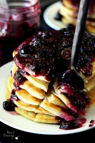 Gluten free goodness meets beautifully fluffy, golden brown, scrumptious pancakes with double berry chia seed jam syrup.