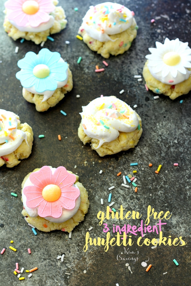 Gluten Free 3 Ingredient Funfetti® Cookies that are soft, chewy and super delicious. So simple, too, easy enough to let the kiddos help!