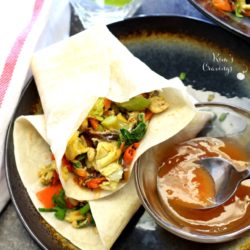 Moo Shu Veggie Wraps are a vegetarian spin on the classic Chinese stir-fry dish. Sautéd shiitake mushrooms, carrots and cabbage­ are wrapped in moist, delicate Chinese pancakes.