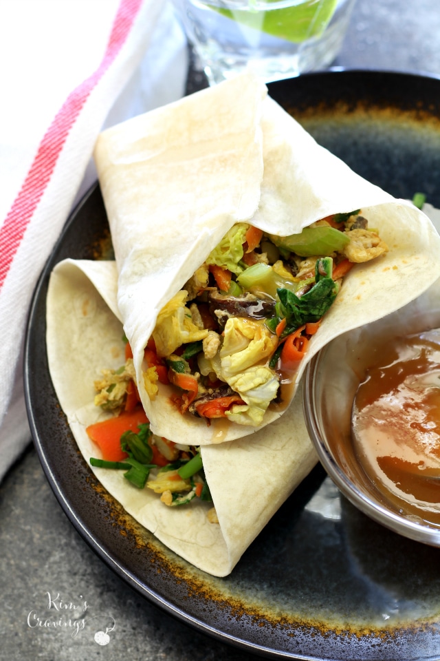 Moo Shu Veggie Wraps are a vegetarian spin on the classic Chinese stir-fry dish. Sautéd shiitake mushrooms, carrots and cabbage­ are wrapped in moist, delicate Chinese pancakes.