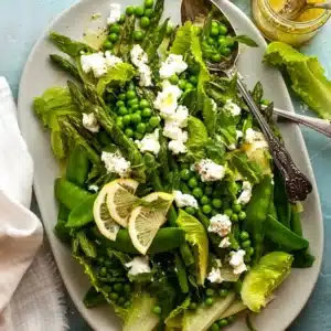 Spring salad with asparagus, peas and goat cheese.
