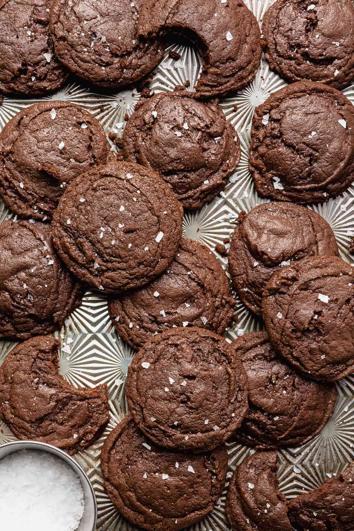 Brownie cookies topped with flaky salt.