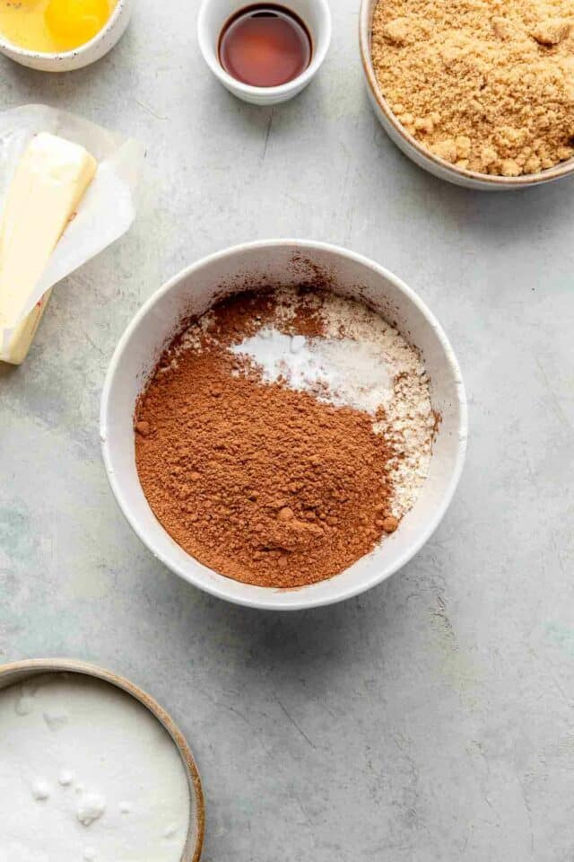Cocoa powder, flour, baking soda and salt in a bowl.