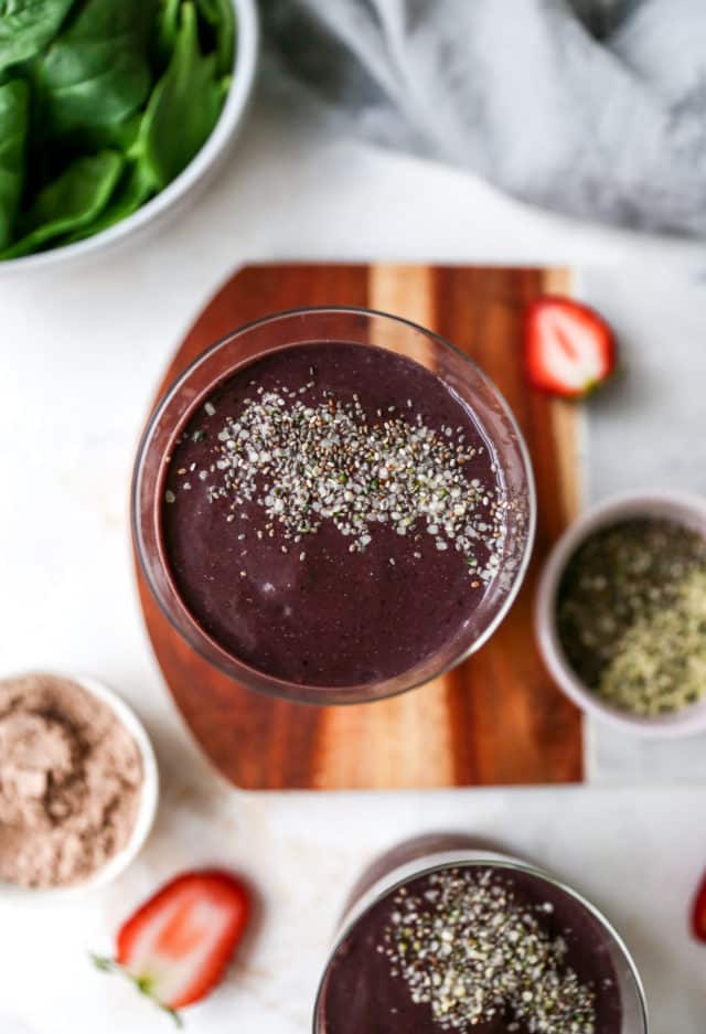 purple smoothie topped with chia seeds