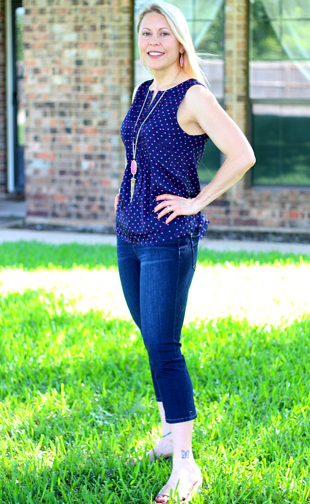 June 2016 Stitch Fix Review- Juli Lasercut Detail Blouse by Market & Spruce and Robby 4-Way Stretch Capri Skinny Jean by Liverpool 