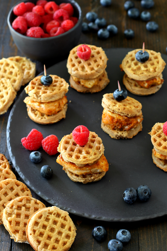Healthier Mini Chicken Waffle Sliders- the classic comfort food transformed into a fun, portable, better-for-you brunch food.