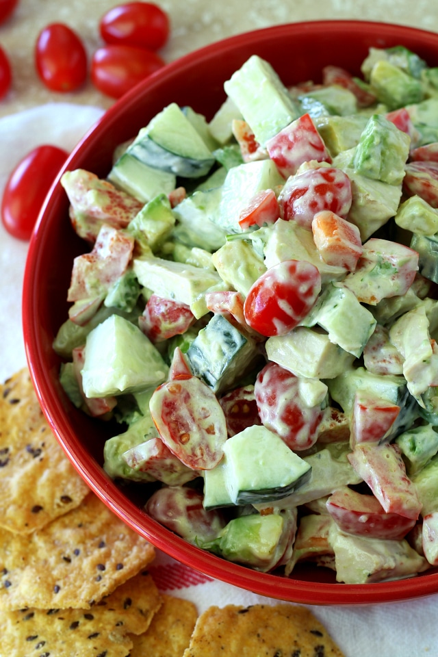 Chicken Avocado Tomato Salad- a light, summery salad loaded with chicken, fresh veggies and topped with a healthy, creamy avocado mayo – perfect as an appetizer or entree! (Paleo, gluten free & Non-GMO)