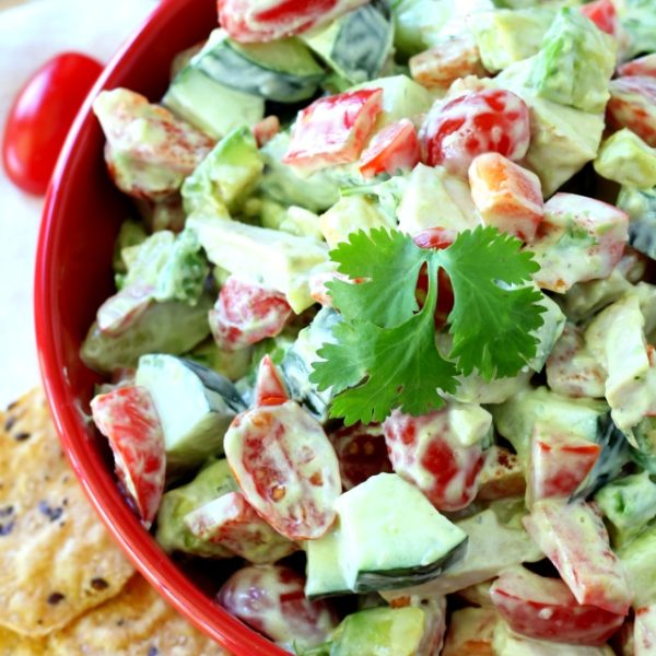 Chicken Avocado Tomato Salad- a light, summery salad loaded with chicken, fresh veggies and topped with a healthy, creamy avocado mayo – perfect as an appetizer or entree! (Paleo, gluten free & Non-GMO)