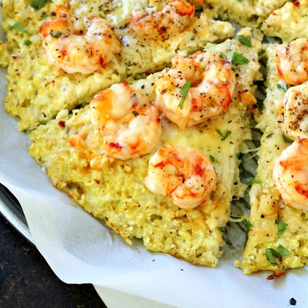 Shrimp Scampi Cauliflower Crust Pizza- the famous "Shrimp Scampi" ingredients in pizza form and made low carb with a cauliflower crust. Healthy, fresh and full of flavor!