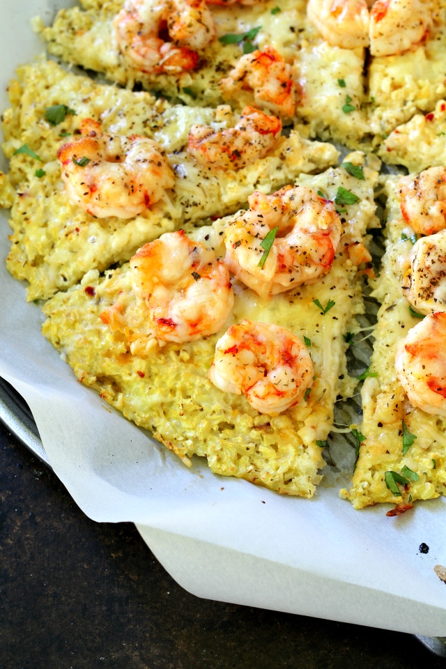 Shrimp Scampi Cauliflower Crust Pizza- the famous "Shrimp Scampi" ingredients in pizza form and made low carb with a cauliflower crust. Healthy, fresh and full of flavor! 