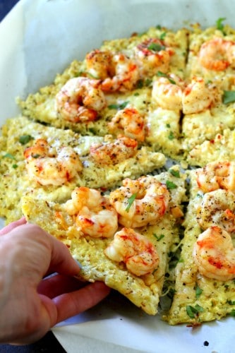 Shrimp Scampi Cauliflower Crust Pizza- the famous "Shrimp Scampi" ingredients in pizza form and made low carb with a cauliflower crust. Healthy, fresh and full of flavor!