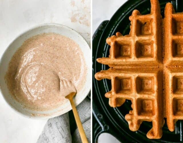protein waffles cooking in a waffle iron