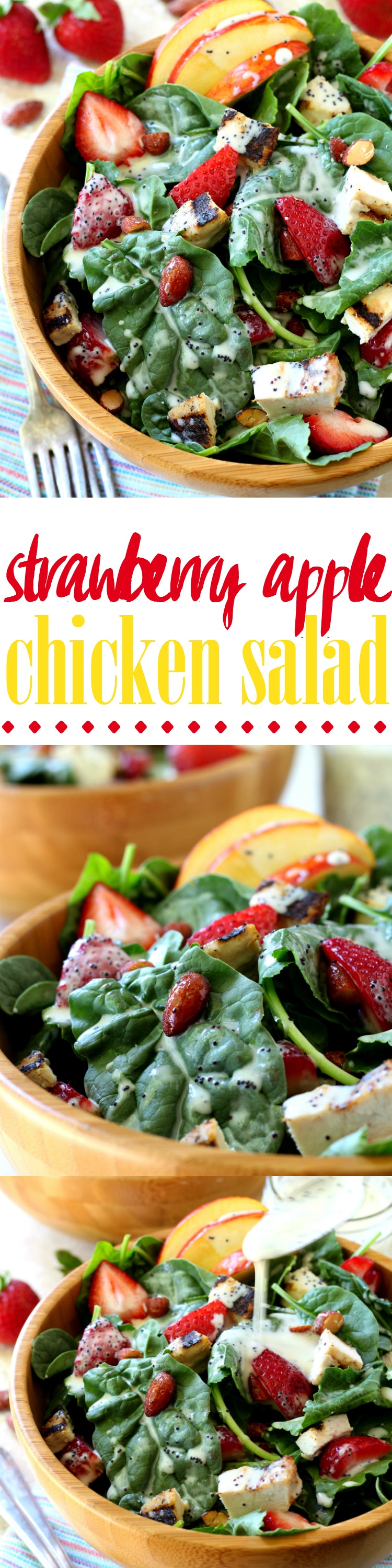 A quick and tasty Strawberry Apple Chicken Salad, filled with plump juicy strawberries, sweet apple slices, crunchy almonds and topped off with the most wonderful poppy seed dressing you've ever tasted!