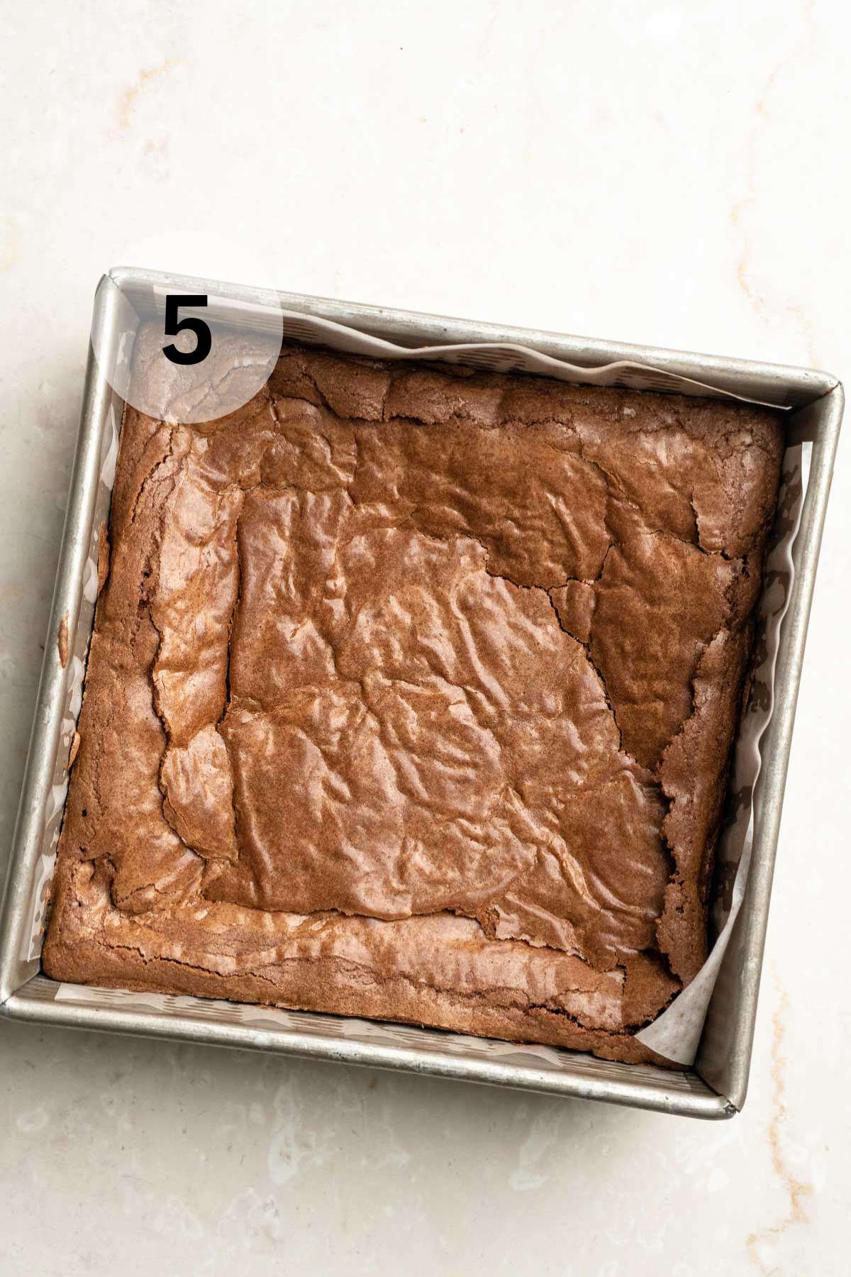 Baked brownies in a pan.