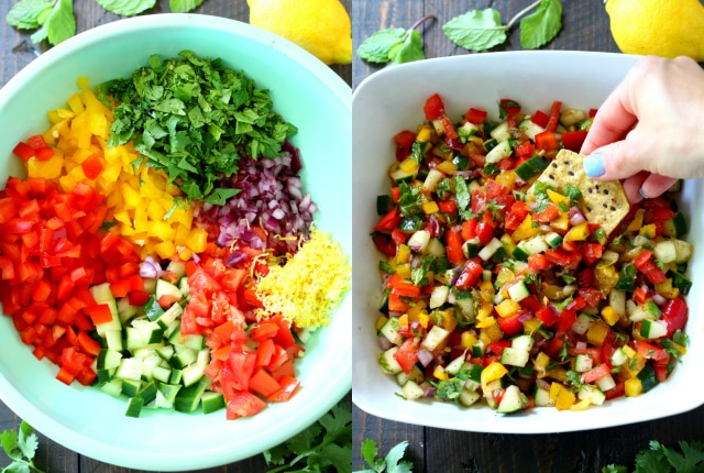 This Israeli Salad With Red Bell Vinaigrette is so pretty, colorful, refreshing and zesty. Essentially summer in a bowl!