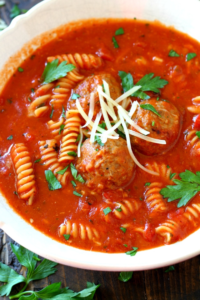 This easy Pasta Meatball Soup is a hearty, delicious, make-you-feel-good recipe. Made in just 20 minutes and in one bowl, the kiddos and adults will LOVE this meal!