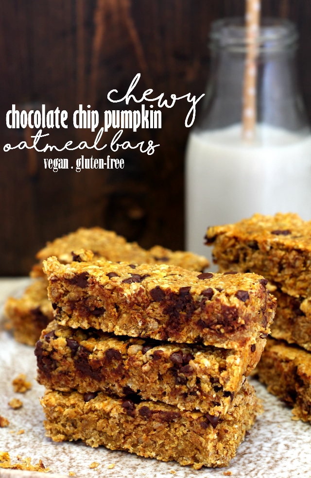 The ultimate Chewy Chocolate Chip Pumpkin Oatmeal Bars- these babies are so soft, scrumptious and quite possibly the perfect fall snack! And even better, they're vegan, gluten-free and dairy-free.
