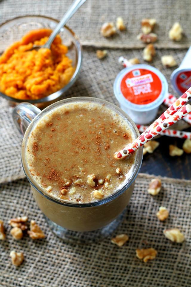 Vanilla Pumpkin Spice Frappuccino- a healthy fall-inspired smoothie to keep you cool and refreshed. Rather you enjoy this Frappé for breakfast, as post workout recovery or an afternoon pick-me-up you're in for a super tasty treat. 
