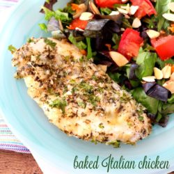 With a flavorful coating of Parmesan cheese and seasonings, Baked Italian Chicken is not only juicy and delish, but it's oven-ready in minutes!