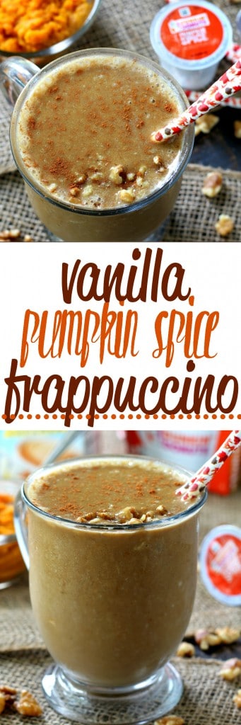 Vanilla Pumpkin Spice Frappuccino- a satisfying fall-inspired treat to keep you cool and refreshed for breakfast, post workout or for an afternoon pick-me-up. 
