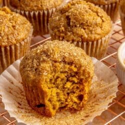 A pumpkin muffin on a paper muffin liner with a bite taken out.