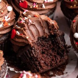 A chocolate cupcake with a bite taken out.